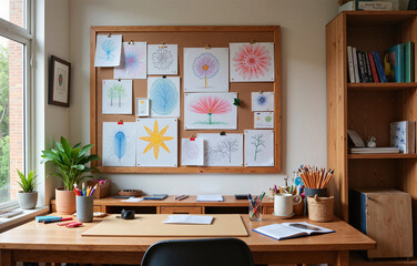 Artistic workspace with colorful drawings pinned on the board and supplies on the desk for creative inspiration