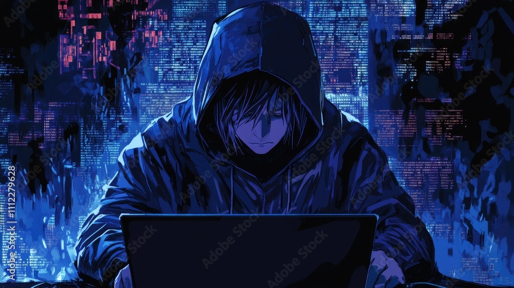 Poster a hacker in a hoodie sits at a laptop, with a background of digital data and cyber security elements