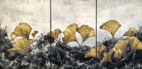 A 3D art mural wallpaper with a dark blue background, featuring golden leaves on a Christmas tree, mountains, and a moon in the sky, perfect for framing walls.