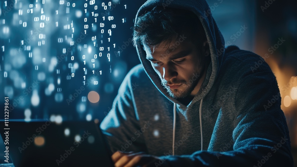 Poster a hacker in a hoodie sitting at a laptop, the background is dark blue with white and gray code of nu