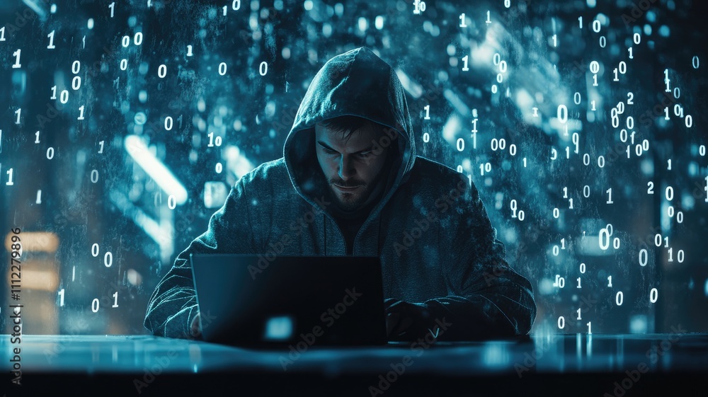 Poster a hacker in a hoodie sitting at a laptop, the background is dark blue with white and gray code of nu