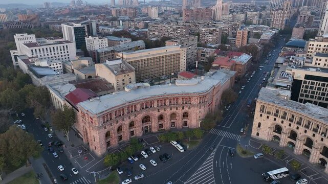 Yerevan, Armenia - November 20 2024: Marriot hotel in Yerevan, Armenia. Drone fly around Marriot hotel in center, near Republic square in Yerevan, capital of Armenia. Touristic, famous place.