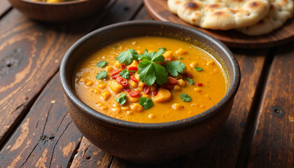 Delicious bowl of lentil soup garnished with greens and spices, rustic wooden table