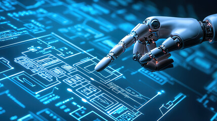 Automated AI for decision-making, A robotic arm pointing to a flowchart, symbolizing automated AI-driven processes.