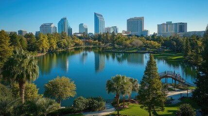 view of Park in the city center, showcasing its lush greenery and serene lake, with modern buildings reflecting on the water's surface,generative ai