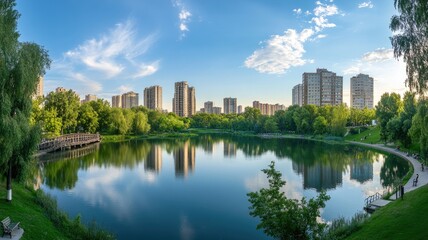 Obraz premium view of Park in the city center, showcasing its lush greenery and serene lake, with modern buildings reflecting on the water's surface,generative ai