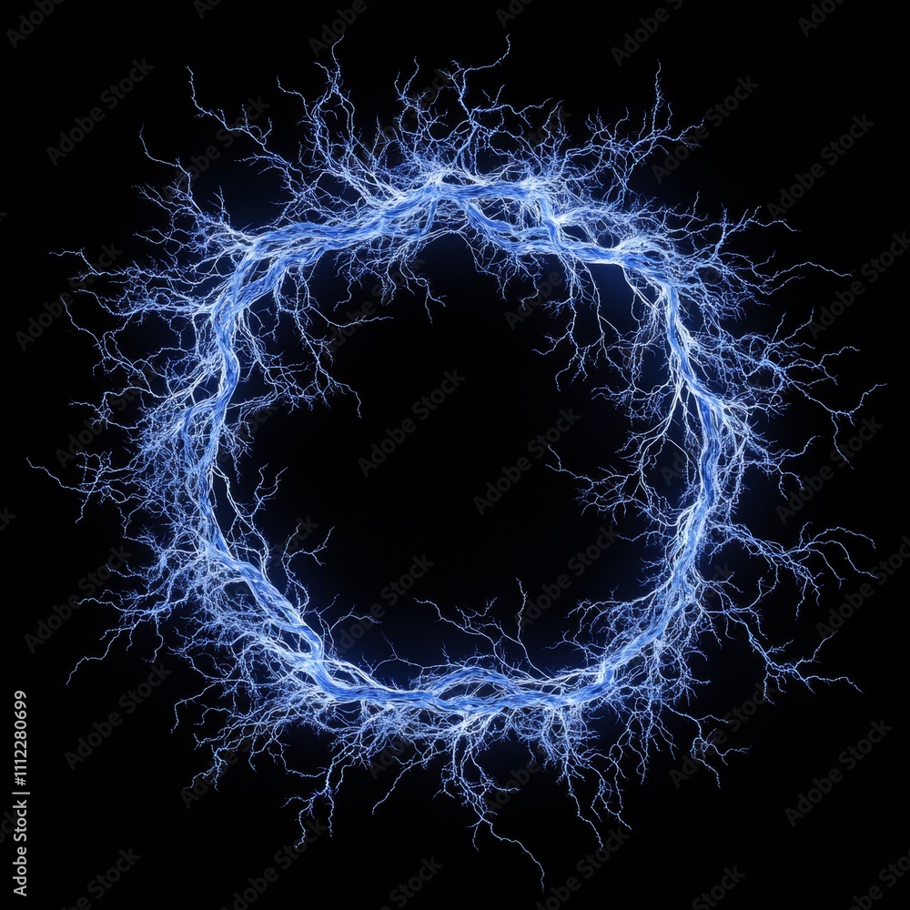 Aufkleber blue thunder bolt light and electric energy discharge in form of circle on black background. realist