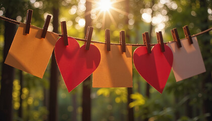 Colorful love notes hanging in the forest at sunset  
