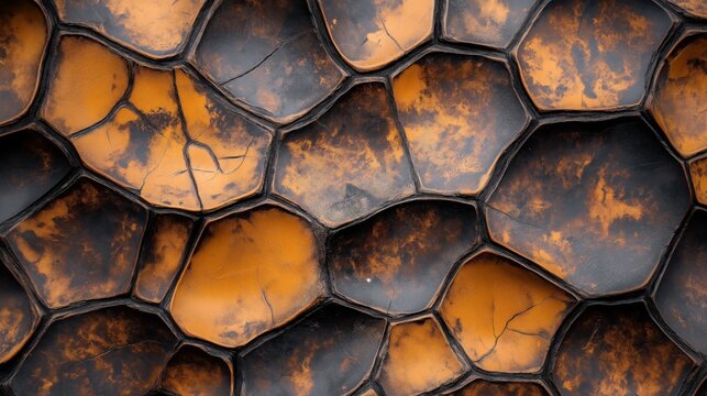 Close-up of a turtle shell showing detailed texture with hexagonal patterns and earthy brown and black colors