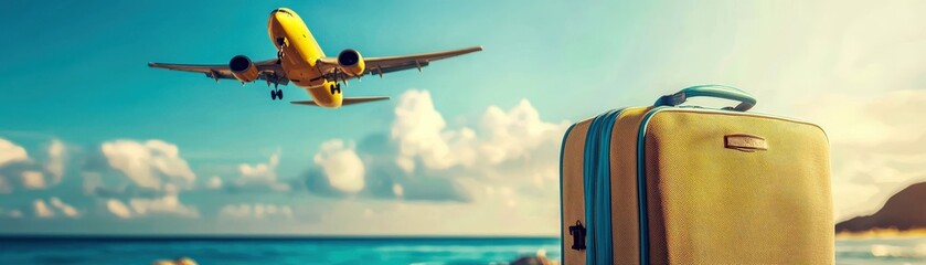 A vibrant scene depicting a yellow airplane flying above a sandy beach with a suitcase, capturing the essence of travel and adventure.
