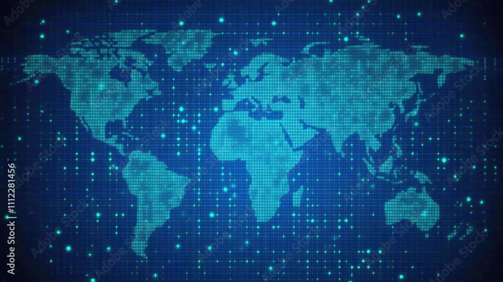 Poster abstract digital blue background with a world map and glowing dots, a data technology concept,genera