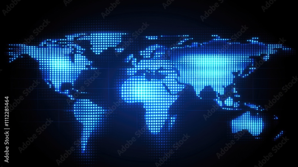 Poster abstract digital blue background with a pixel world map and glowing dots, a concept of global networ