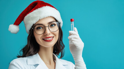 Joyful scientist in holiday attire holds test tube with smile
