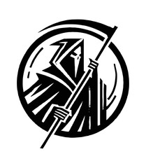 skull scythe logo engraving black and white outline