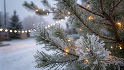 Frosty pine branches with bokeh lights, festive winter holiday scene.