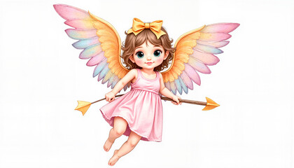 Fototapeta premium Cute angel baby with colorful wings smiling and holding a bow and arrow on a white background copy space