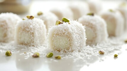 Fototapeta premium Soft Coconut Confectionery with Pistachios Garnish, Sweet Delicacy Served on a Bright Surface, Traditional Dessert with Shredded Coconut and Nuts