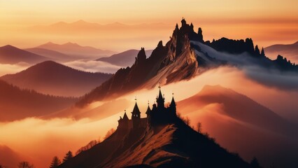 Obraz premium A stunning castle perched on a mountain peak, surrounded by fog and bathed in the warm hues of sunset