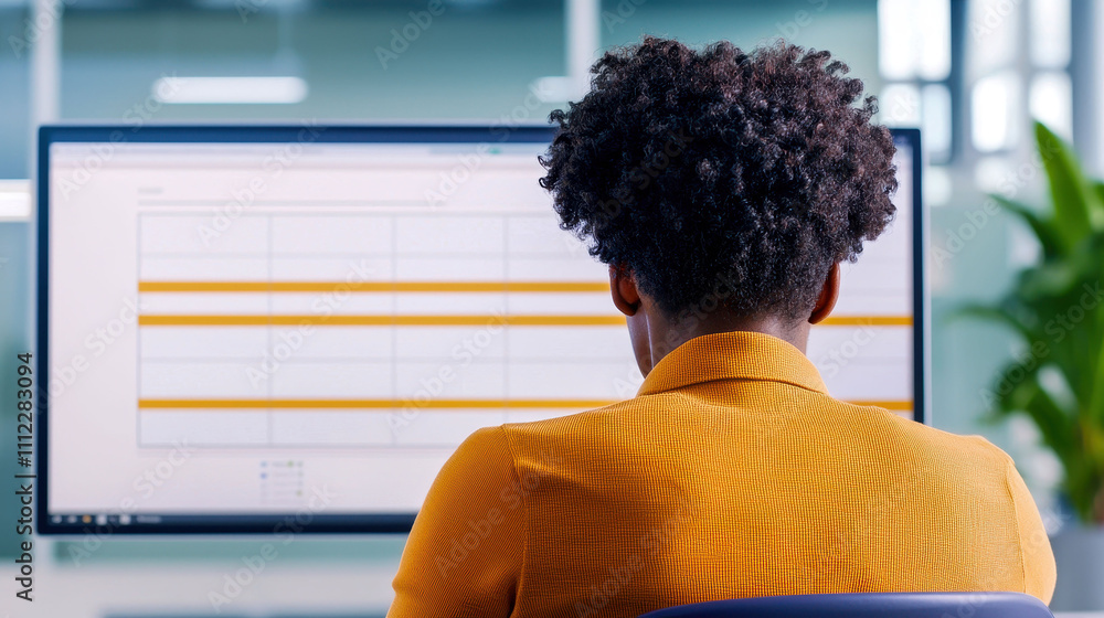 Poster working together for mutual goals, focused professional working on a computer with spreadsheet, coll