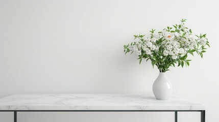 A contemporary dining table with a chic marble top, stylish metal legs, and a simple vase of fresh flowers, set on a white table and displayed against a clean white background