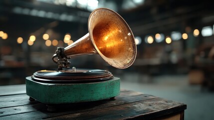 An antique gramophone with a large copper horn stands on a rustic table in a dimly lit room,...