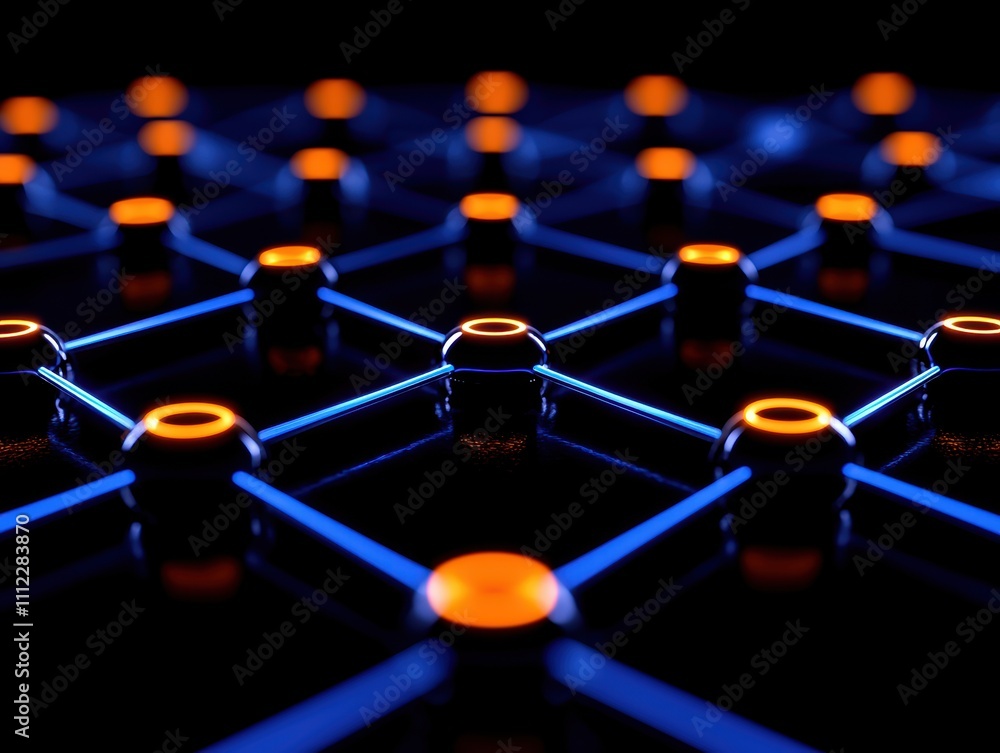 Poster a vibrant geometric pattern featuring illuminated nodes connected by glowing lines, set against a da