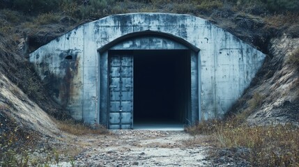 Fototapeta premium Abandoned underground bunker entrance in overgrown landscape
