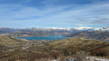 reservoir in the mountains with snowy peaks