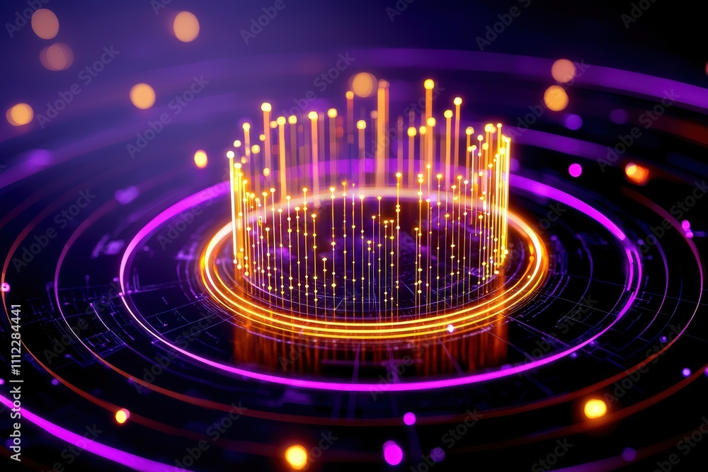 Poster a vibrant, abstract representation of data visualization featuring glowing bars and circular pattern