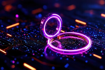 Fototapeta premium A vibrant digital scene featuring glowing rings on a dark, circuit-like background, conveying a futuristic and tech-inspired aesthetic.