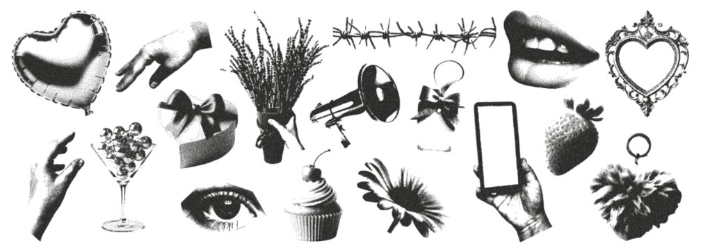 Trendy elements of the Valentine's Day collage in grunge and glamour style with vintage photocopy texture. Vector eyes, hands, heart-shaped balloon, flower, cupcake, strawberry.