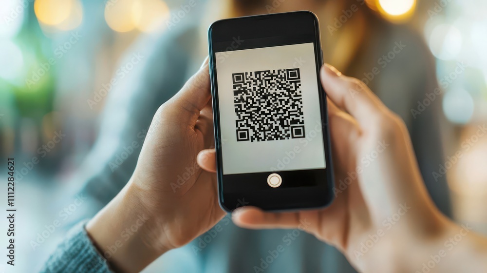 Poster mobile payment integration, customer scanning a qr code with a smartphone, with real-time confirmati