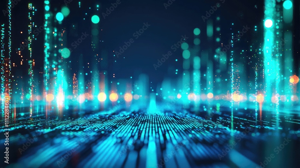 Poster abstract data visualization with glowing lines and dots in vibrant blue tones.