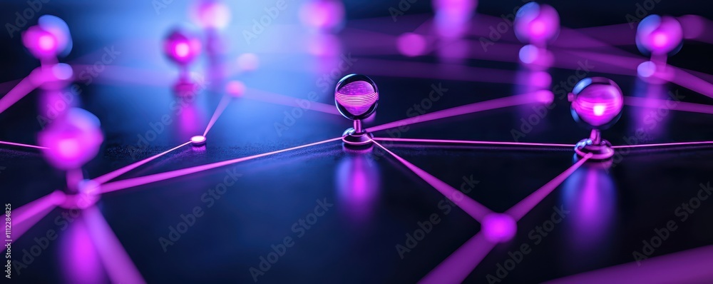 Poster a close-up view of interconnected purple nodes representing a digital network, highlighting themes o