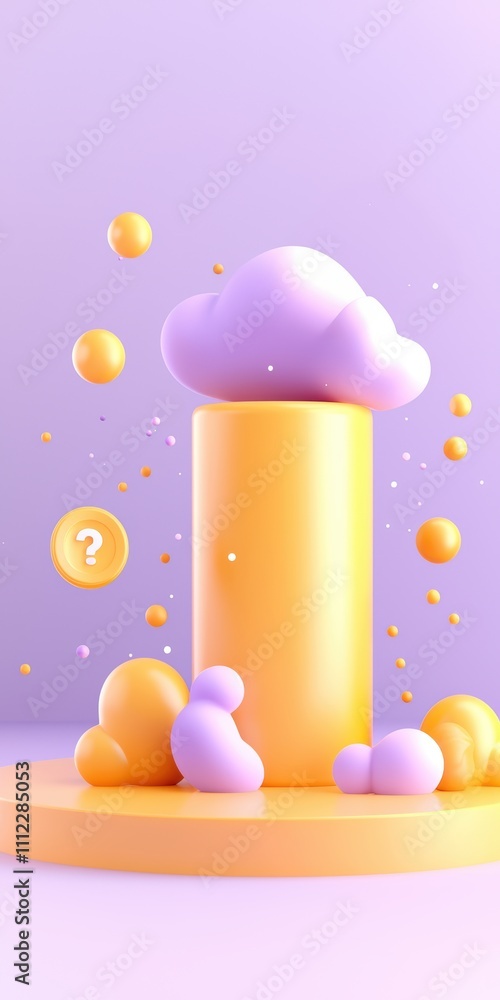 Poster a colorful 3d composition featuring a cylindrical shape, cloud-like forms, and floating spheres on a