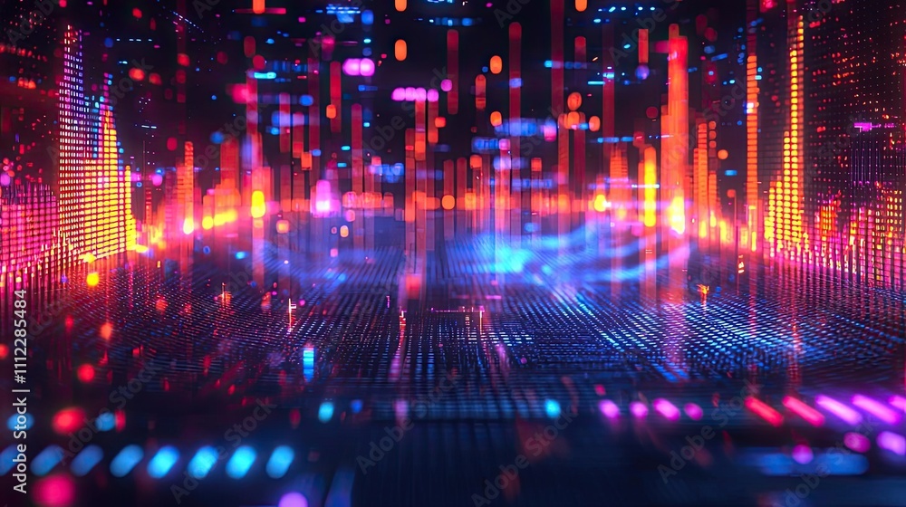Poster Colorful abstract digital background with glowing data visualization patterns.