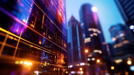 Fototapeta premium Night Cityscape with Dynamic Data Stream on Building Facade