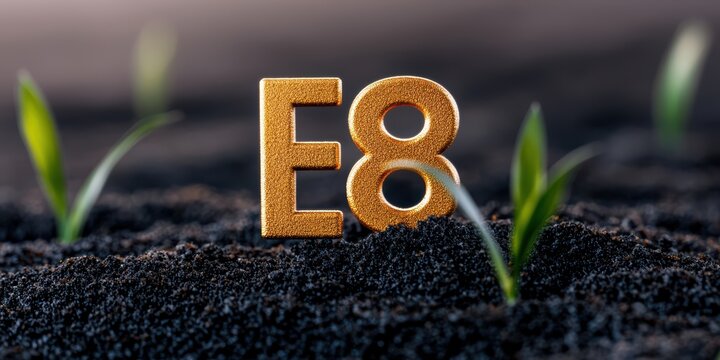 A golden "E8" stands upright in dark soil, surrounded by fresh green sprouts, symbolizing growth and innovation.
