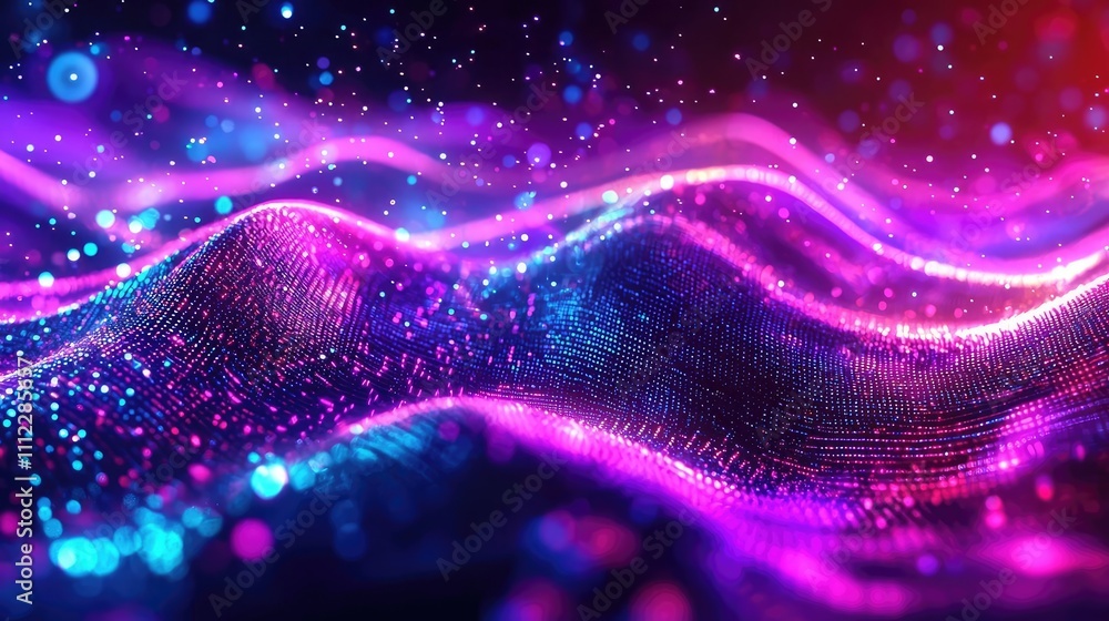 Poster colorful abstract waves with light effects and vibrant patterns.