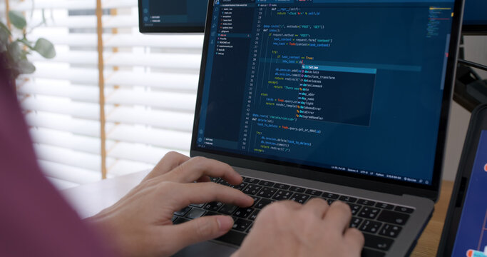 DEV desktop PC screen in AI code in IT developer skill job career typing RPA robotic text line on web page. Project Reskill Upskill HTML write python big data smart server system design cyber support.