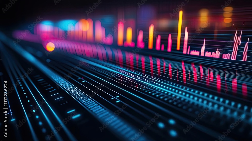 Poster colorful abstract digital waveforms illustrating sound frequencies.