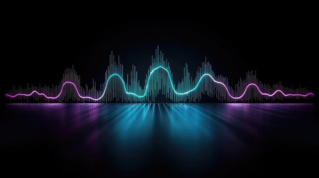 Colorful soundwave visualization in vibrant shades over a dark background.