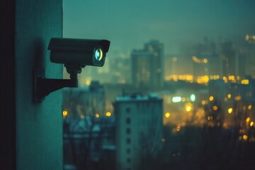 Security camera on building at night, city blurred background. Illustrates surveillance, safety, and urban monitoring.