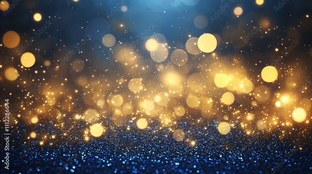 Poster an enchanting bokeh effect featuring a multitude of golden and blue lights shimmering against a dark