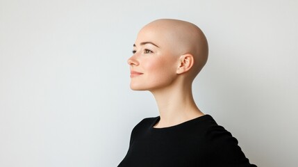Side profile of calm bald woman, thoughtful demeanor