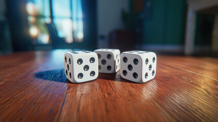 Three white dice with black dots resting on a wooden floor, illuminated by soft light from a nearby window.