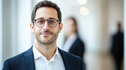 Naklejka premium A confident man in glasses smiles in a professional setting, with blurred figures in the background, suggesting a business environment.