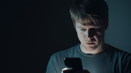 A stressed white man nervously looks at his cellphone or mobile in horror, a victim of revenge porn, cyberstalking, fraud or blackmail, landscape format 16:9