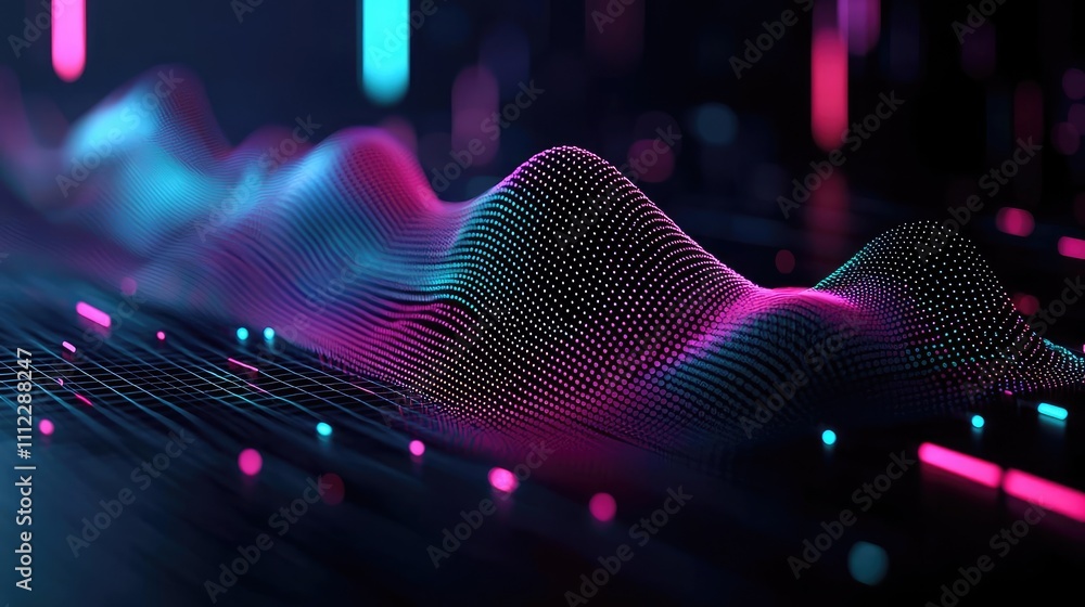 Aufkleber Colorful abstract wave patterns on a dark background with glowing dots.