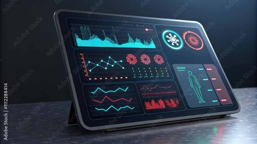 Poster health warning notification, modern data visualization on tablet display